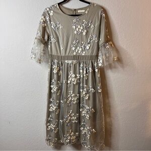 Bohme Floral Embroidered Midi Dress in Gray and White